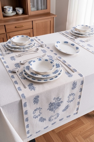 Flowers Blue Keten Runner-7526 Çok Rekli