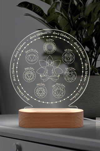 Yoga Çakra Sembollü Kişiye Özel Ledli Gece Lambası Masif Ahşap Tabanlı Usb Kablolu Pleksi Led Gece Lambası