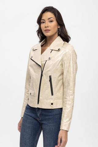 Bej Merlot Çıt Çıt Detaylı Yandan Fermuarlı Biker Motorcu Hakiki Deri Kadın Mont-bej Bej