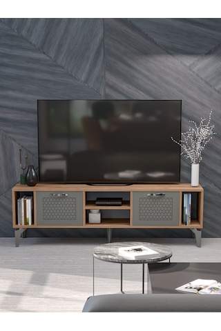 Tv Sehpası 160 Cm Modern Çok Amaçlı Dolaplı Raflı Televizyon Ünitesi Linya Gümüş Ceviz Antrasit