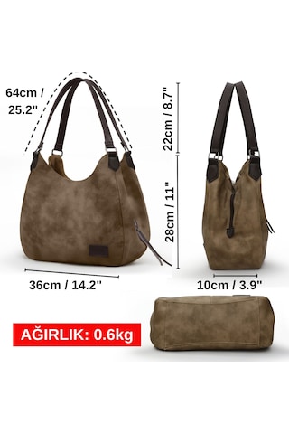 Cappadocia Vintage 5086 Myra Kadın Dumanlı Koyu Kahverengi Pu Deri Günlük Omuz Çantası Üç Bölmeli Hobo Tote El Çantası Dumanlı Koyu Kahverengi