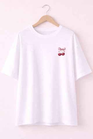 Minimal Kiraz Desenli Baskılı T-shirt Beyaz