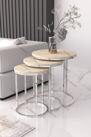 Usta Mekan Gümüş Metal Traverten Mermer Desen Ahşap Tablalı 3 Lü Zigon Sehpa