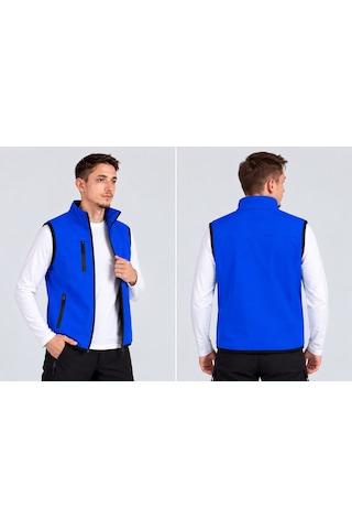 Vatan Tekstil Dik Yaka Slim Fit 3 Cepli Softshell Erkek Yelek Su İtici Kumaş Saks Mavisi