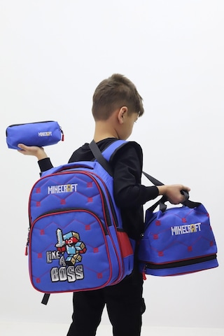 Maycraft Lisanslı Erkek Çocuk İlkokul Çanta Seti 3'lü Sırt Çantası Termal Beslenme Çantası Kalemlik Lacivert