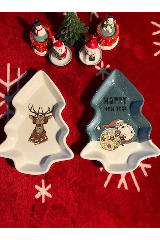 Yılbaşı Temalı 2'li Ağaç Tasarımlı Desenli Seramik Sunum Servis Tabağı 17x12 Cm Geyikli Ve Noel Babalı
