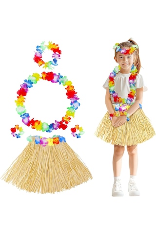 Yetişkin Çocuk Hawaii Parti Seti - 40 Cm Naturel Etek + Çiçek Aksesuarlar 5 Parça Aklby-bsva58
