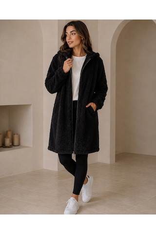 Unika Boutique Kadın Welsoft Fermuarlı Kapüşonlu Uzun Polar Hırka Siyah
