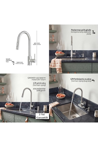 Deante Lıma F72m Mutfak Bataryası, Esnek Uçlu, Çift Akışlı, Inox Renk