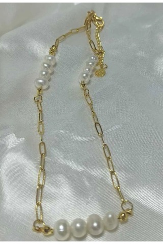 24k Altın Kaplama Gerçek İnci Kare Zincir Detaylı Kolye Sevgili A Çok Renkli