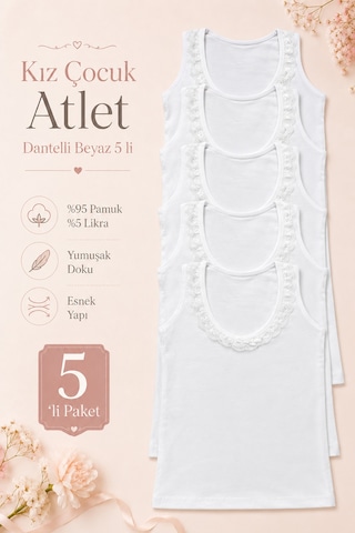 Nicoletta Kız Çocuk Atlet Geniş Askılı 5 Li Paket Likralı Dantelli Beyaz