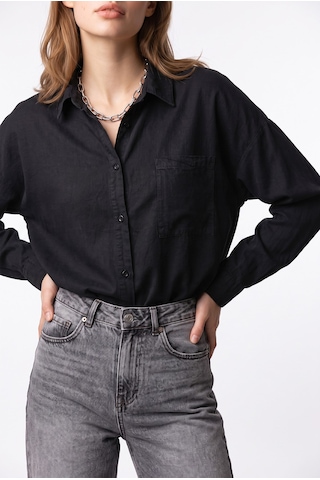 Mixray 4963 Kadın Tencel Kumaş Oversize Cepli Uzun Kollu Gömlek Siyah