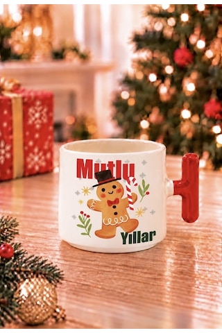 Mesela Yılbaşı Kupası Mutlu Yıllar Desenli Hediyelik Kırmızı Kulplu Kahve T Kupa Bardak Beyaz