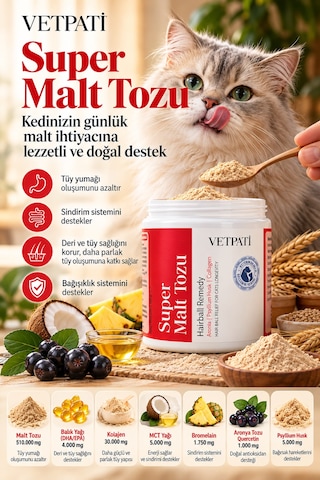 Vetpati Super Malt Tozu Kedi Maltı Psyllium Kollajen Omega 3 Taurin Tüy Yumağı Ve Sindirim Desteği
