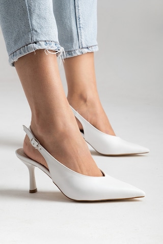 Esatsani Beyaz Cilt Arka Açık 9 Cm İnce Topuklu Özel Günler Davet Stiletto Kadın Ayakkabı Beyaz Cilt Deri