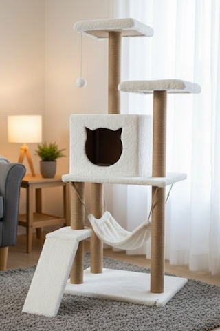 Missidea S9 Kedi Tırmalama Kulesi Platformlu 124 Cm Beyaz