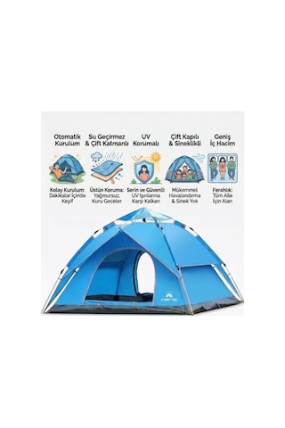 Kamptek 4 Kişilik Otomatik Kurulum Kamp Doğa Deprem Çadırı - 200x200x140 Cm - Mavi Premium Mavi
