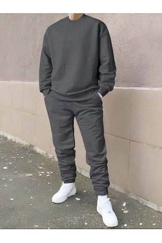 Erkek Düz Eşofman Takımı Sweatshirt Jogger - Antrasit Oversize Şardonlu Bisiklet Yaka Antrasit