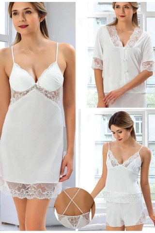 Duchesse Çeyizlik Dantelli Saten 6'lı Set -ekru Pudra