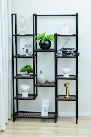 Dekoratif Siyah Metal Kitaplık 12 Raflı Ünite Çok Amaçlı Stand Salon Ve Çalışma Odası Düzenleyici Siyah