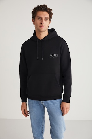 Grımelange ANDREAS Erkek Kapüşonlu İçi Polarlı Baskı Detaylı Siyah Sweatshirt