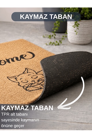 Beylini Kedi Desen Welcome Koko Paspas Ev Dış Kapı Tpr Kaymaz Taban Modern Dayanıklı Su Geçirmez Bej 70x45cm