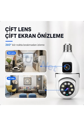 Uninet Çift Kameralı Ampule Takılabilen Tip Wifi Güvenlik Kamerası Full Hd, 355 Derece Dönebilen, Gece Görüşlü Ptz Kamera