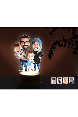 Kişiye Özel Tesettürlü Aile Karikatürlü Dekoratif 3D Biblo Led Iş (483006929)