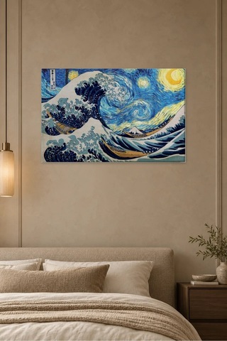 Fida Yıldızlı Gece İle Büyük Dalga Buluşması Canvas Tablo Çok Renkli