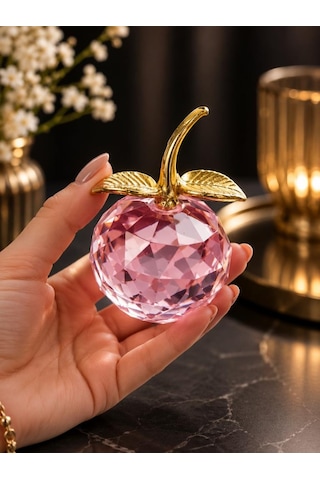 Pembe Kristal Cam Elma Biblo 10.5 Cm Dekoratif Masa Üstü Obje Gold Yapraklı Lüks Ofis Salon Aksesuarı