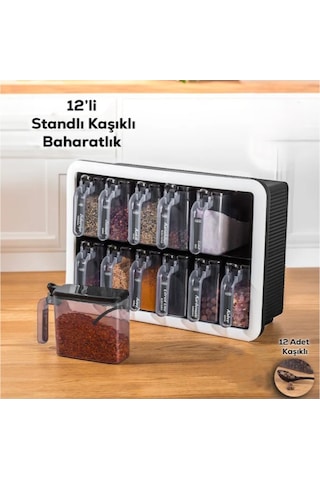 Standlı Kaşıklı Baharatlık Seti - 12'li Çok Renkli