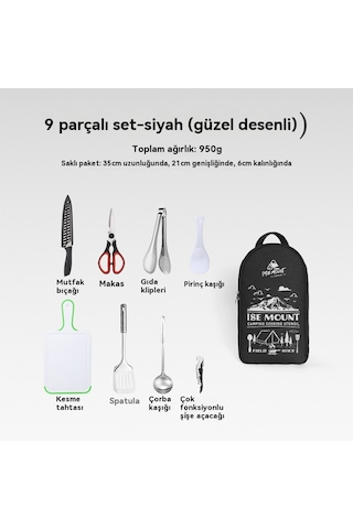 Açık Ocak Dokuz Parçalı Kamp Barbekü Paslanmaz Çelik Kesici Kesme Tahtası 9 Parçalı Siyah Baskı Seti Siyah