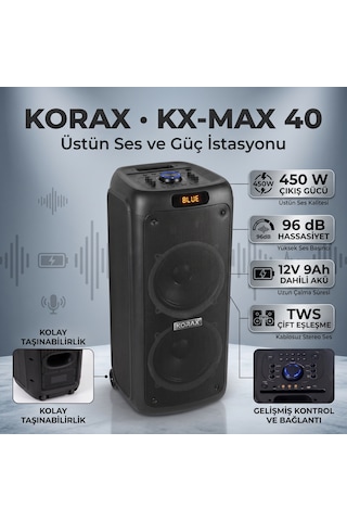 Korax Kx-max 40 450w Akülü Taşınabilir Parti Hoparlörü - Kablosuz Mikrofonlu, Tws, Led Işıklı Karaoke Ses Sistemi