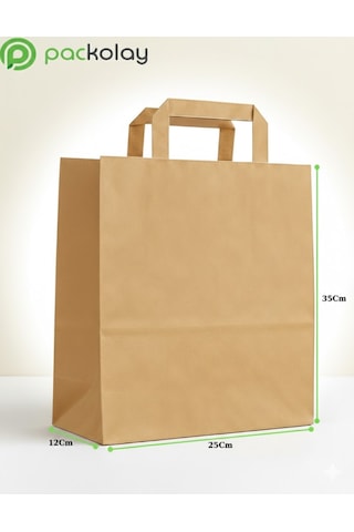 Flat Saplı Kraft Kağıt Çanta 25x12x35 Cm Doğal Kahverengi, Dayanıklı, Baskısız Çanta-250 Adet