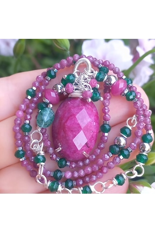 2790 Sıkma Yakut Yeşil Akik Hematit Kuvars El Yapımı Kolye 046 - Pembe
