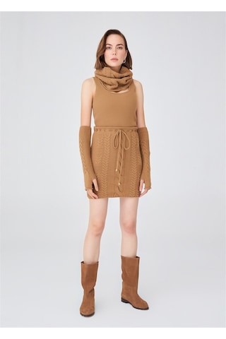 Peraluna Saç Örgü Kaşmir Karışım Kadın Triko Boyunluk Camel-Camel-Standart Camel