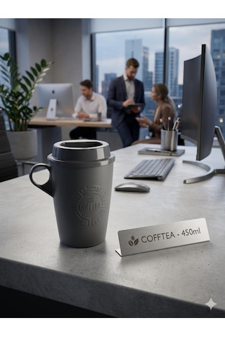 Kulplu Kapaklı Çay Kahve Bardağı Plastik - Mug Sıcak Içecek Bardağı 450 Ml Gri