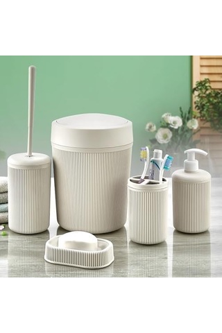 Banyo Seti, Çöp Kovası, Sıvı Sabunluk, Diş Fırçalık, Sabunluk Ve Tuvalet Fırçası, 5 Parça Beyaz Diğer