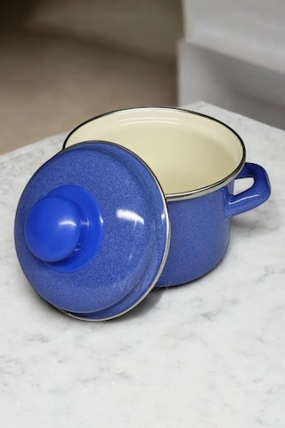 Nishev İtalyan Emaye Mini Derin Tencere 12 Cm 900 Ml Mavi Mavi