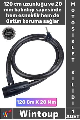 Kilit Sağlam Halat Yüksek Güvenlikli 2 Anahtarlı Motor Tam Koruma 120 Cm 20 Mm Motosiklet Kilidi