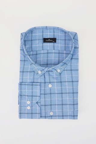 Tudors Büyük Beden Düğmeli Yaka Kareli Pamuklu Mavi Erkek Gömlek-29039-mavi Mavi