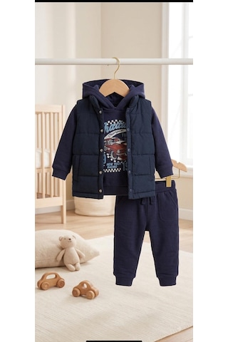 Efemkids 3'lü Kapitone Baskılı Erkek Bebek Takım 6-9 Ay 9-12 Ay 12-18 Ay 18-24 Ay Yenidoğan Bebek Takım Yelek+uzun Kollu Kapüşonlu Body+pijama Kız Bebek Takım Lacivert