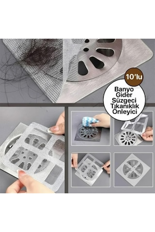 Lexroo 10 Adet Yapışkanlı Banyo Ve Duş Gider Süzgeci Tek Kullanımlık Saç Toplayıcı Filtre Standart