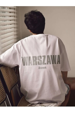 Erkek Oversize Warszawa Baskılı Beyaz T-shirt Beyaz