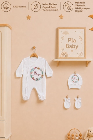 Pia Baby Kız Bebek Hastane Çıkışı Seti 4 Parça %100 Pamuk İsimli Organik Baskılı Battaniyeli Tulum Seti 1017bt0x Ekru