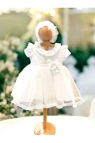 Cantoy Kız Bebek Şapka Detaylı Çiçekli Abiye Elbise-15305 Beyaz