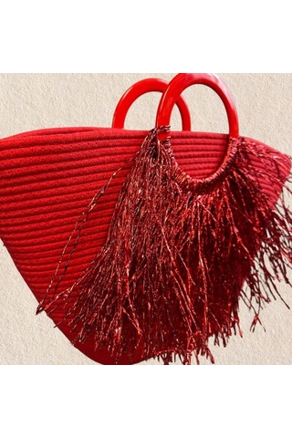 Uretti - Ayşe 4723 3884 El Yapımı Tress İp Yuvarlak Saplı Metalik İp Püskül Detaylı Plaj Çantası - Kırmızı Kırmızı