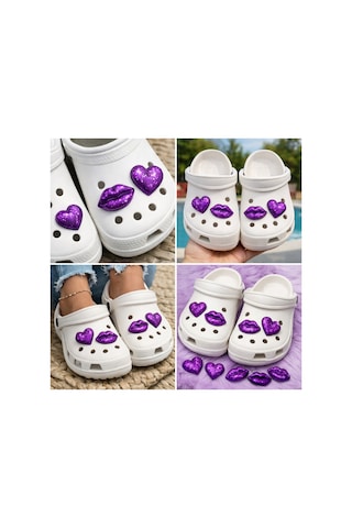 Temungur Mor Simli Kalp & Dudak Jibbitz Charm 4 Lü Set Terlik Süsü, Parlak Glitter Terlik Aksesuarı Çok Renkli