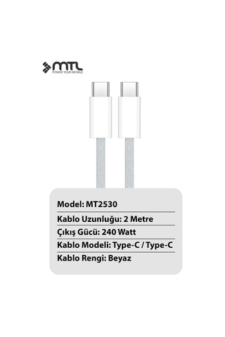 240w Type-c To Type-c Ultra Hızlı Şarj Ve Data Kablosu Hasır Örgülü 2 Metre Mt2530