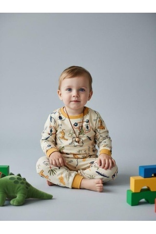 Zekids Erkek Bebek Pamuklu Safari Desenli Pijama Takımı-16848 Çok Renkli